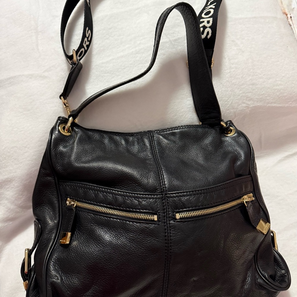 Michael Kors Black Leather Hobo Shoulder Bag Logo Strap